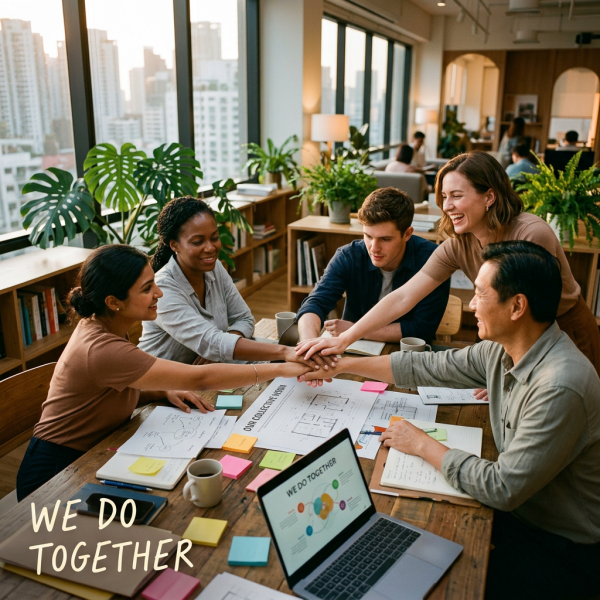 Team members collaborating around plans with “WE DO TOGETHER” text