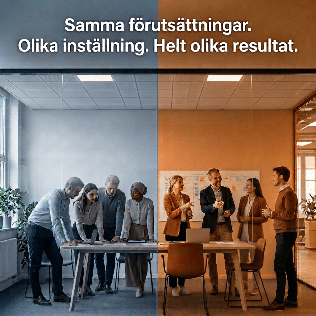 Samma förutsättningar. Olika inställning. Helt olika resultat. Vänster: Tidsbrist, Begränsad budget, Många beroenden, Tekniska hinder, Höga förväntningar. Höger: Tidsbrist, Begränsad budget, Många beroenden, Tekniska hinder, Höga förväntningar. Nästa steg: Prioritera rätt, Ta beslut, Hantera risker, Skapa framdrift.